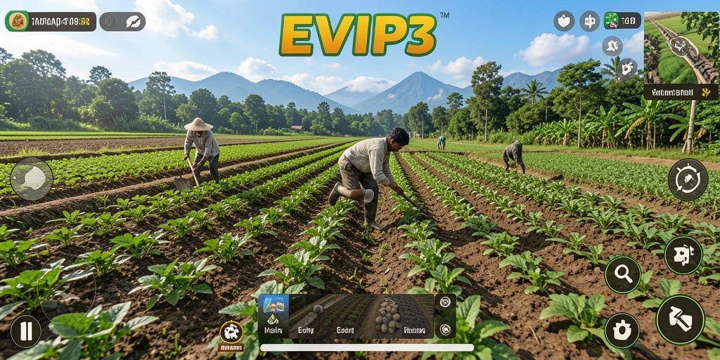 Screenshot gameplay <strong>EVIP3</strong> menunjukkan aktivitas bertani yang menyenangkan dan interaktif.