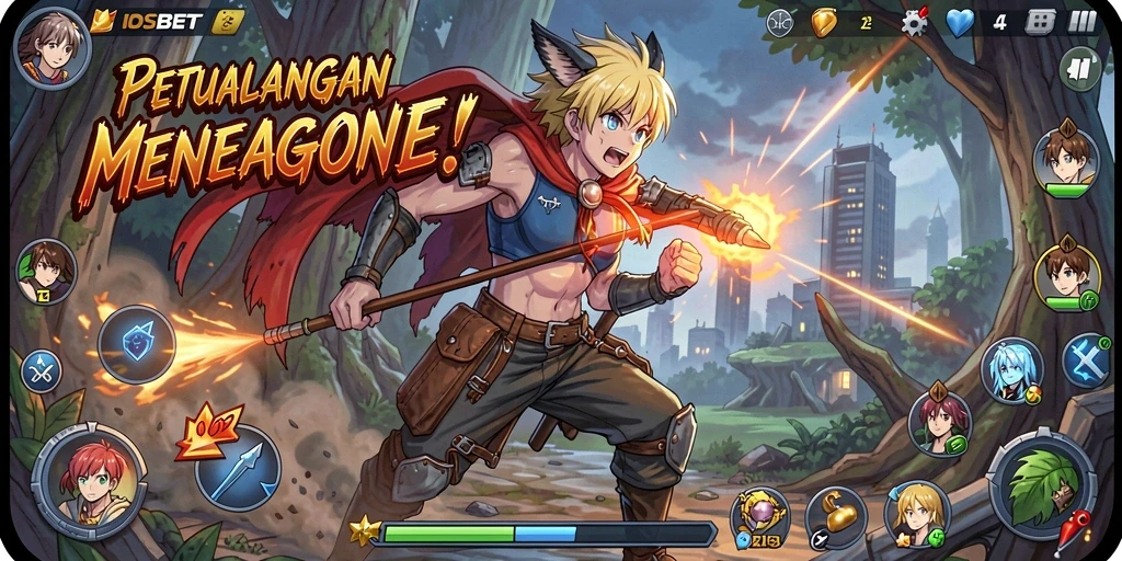 Screenshot utama IOSBET menampilkan karakter Anime dalam pertempuran yang seru.