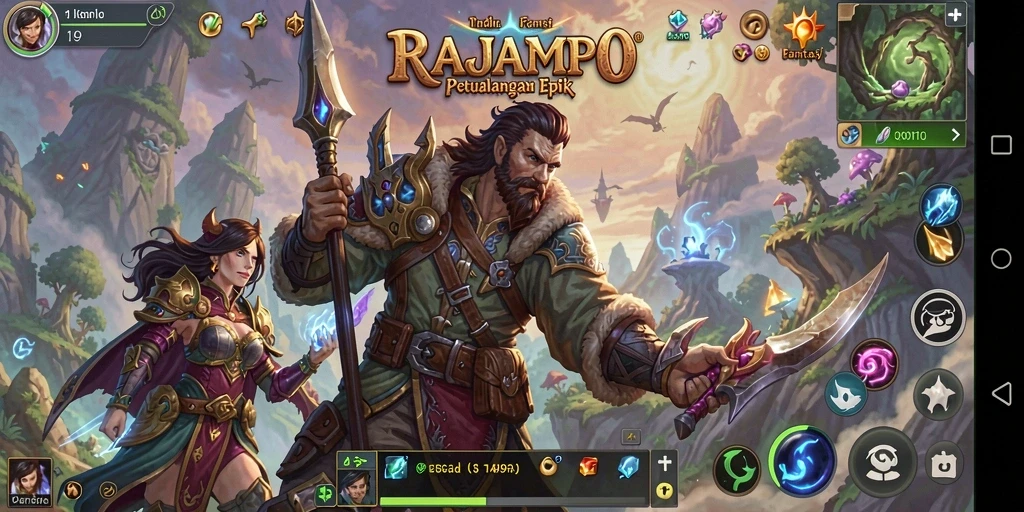 Screenshot gameplay RAJAMPO menampilkan aksi pertempuran epik dan eksplorasi dunia.